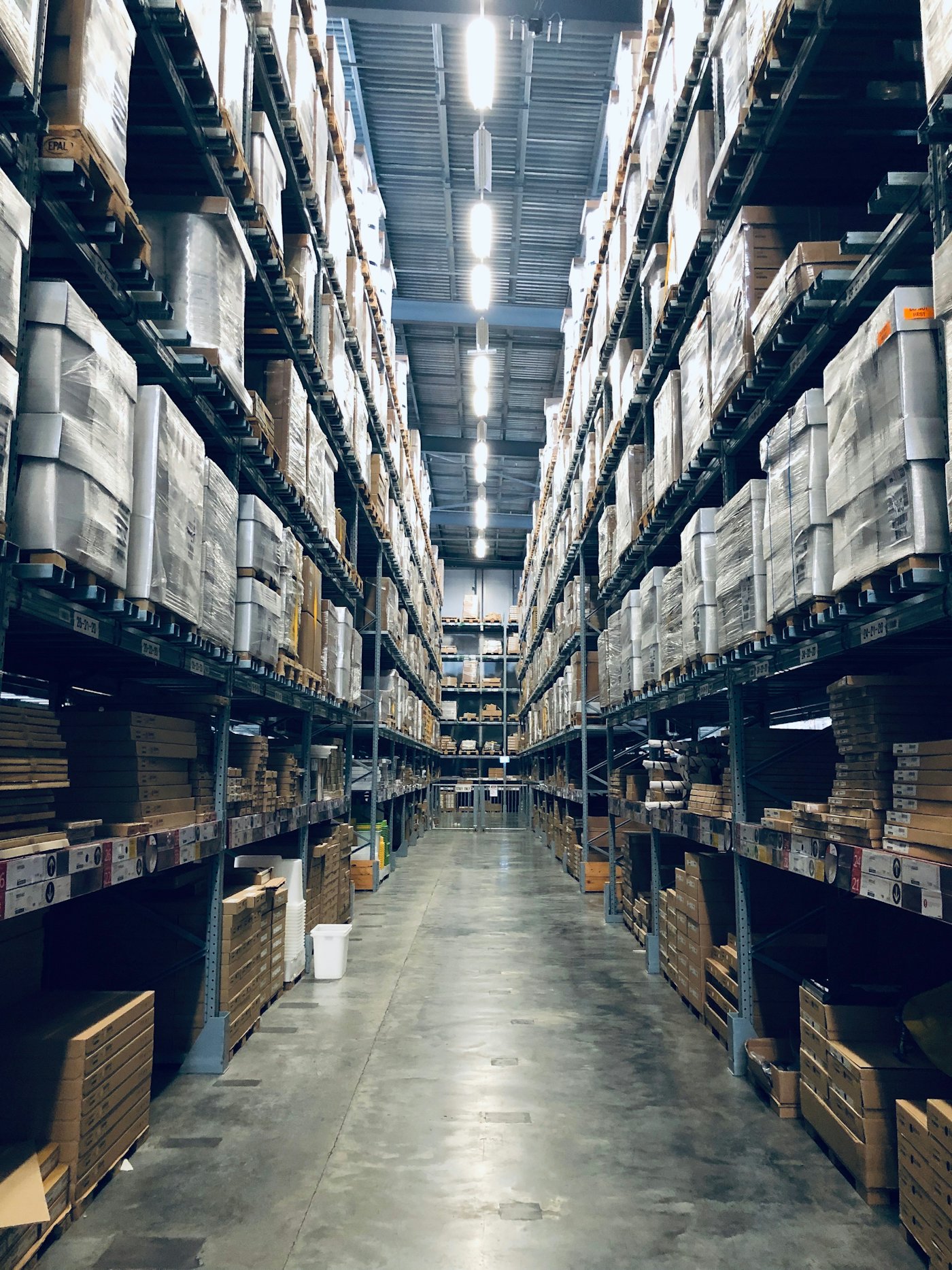 Warehouse aisles stocked with packaged inventory